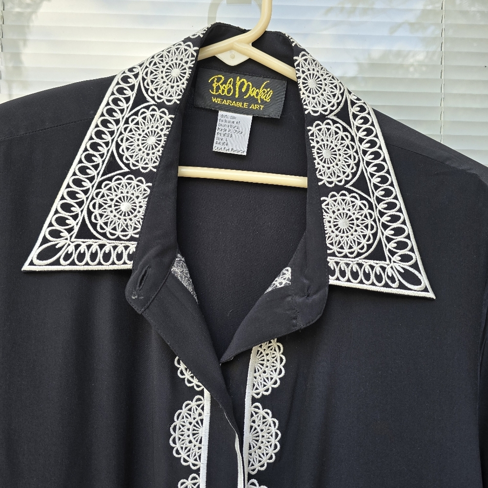 Bob Mackie Black Top with White Lace Detail